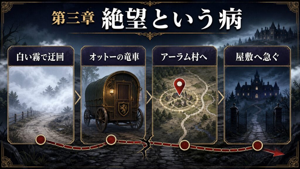 リゼロ5巻第三章絶望という病を白い霧で迂回、オットーの竜車、アーラム村へ、屋敷へ急ぐとして整理した図解
