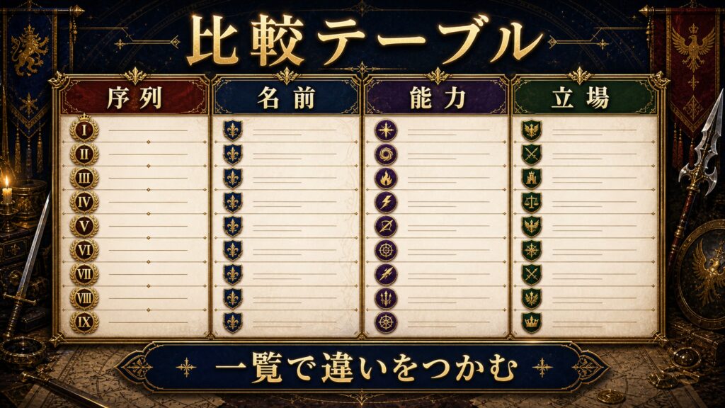 九神将の比較テーブルを序列、名前、能力、立場として整理した図解