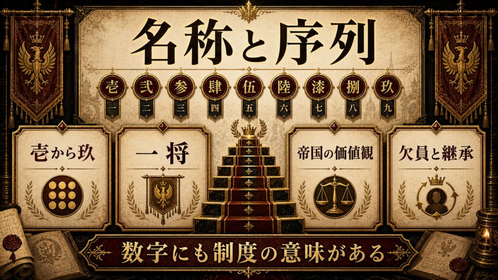 九神将の名称と序列を壱から玖、一将、帝国の価値観、欠員と継承として整理した図解