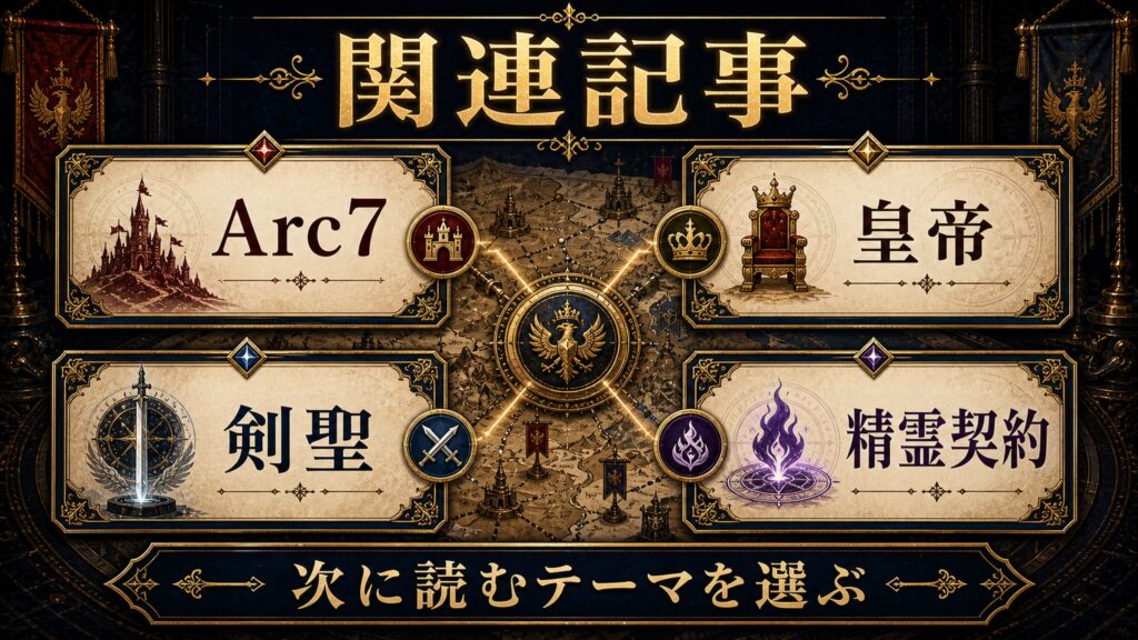 九神将の関連記事をArc7、皇帝、剣聖、精霊契約として整理した図解