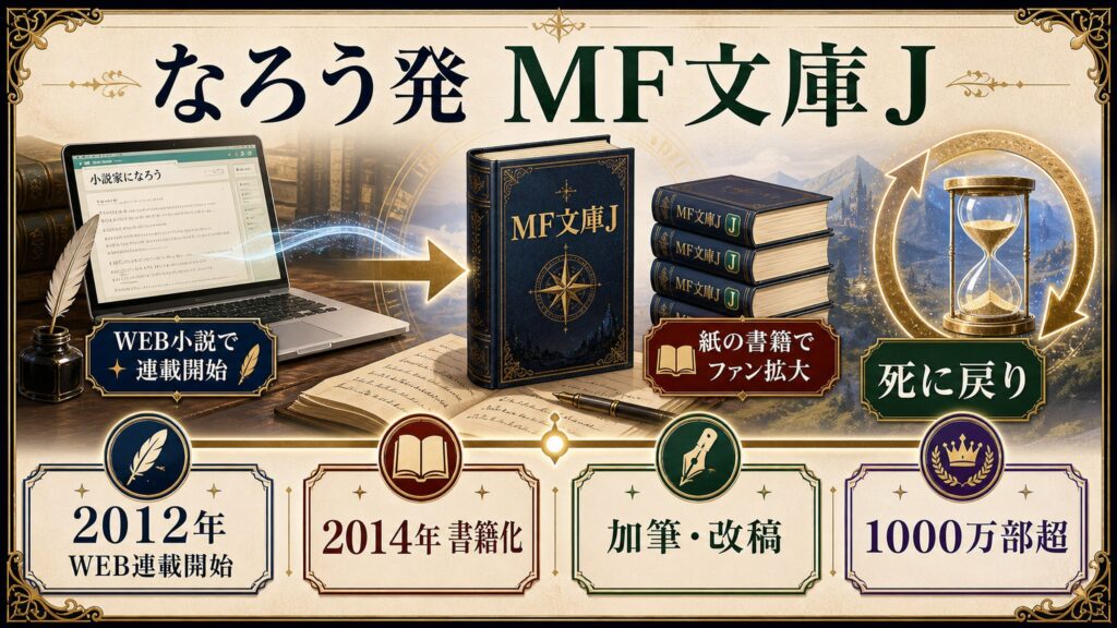 リゼロ小説の成り立ちをなろう発、MF文庫J、死に戻り、2014年書籍化、加筆改稿として整理した図解