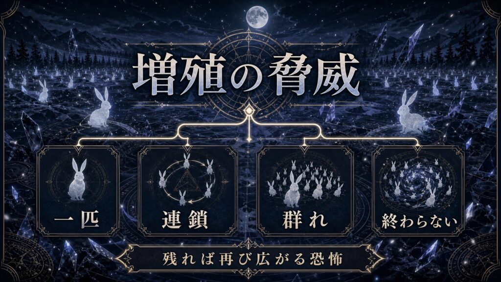 増殖の脅威を一匹、連鎖、群れ、終わらない性質として整理した図解