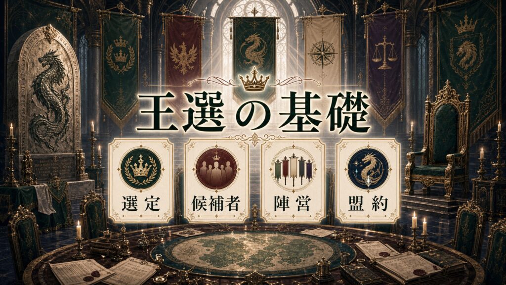 王選の基礎を選定、候補者、陣営、盟約として整理した図解