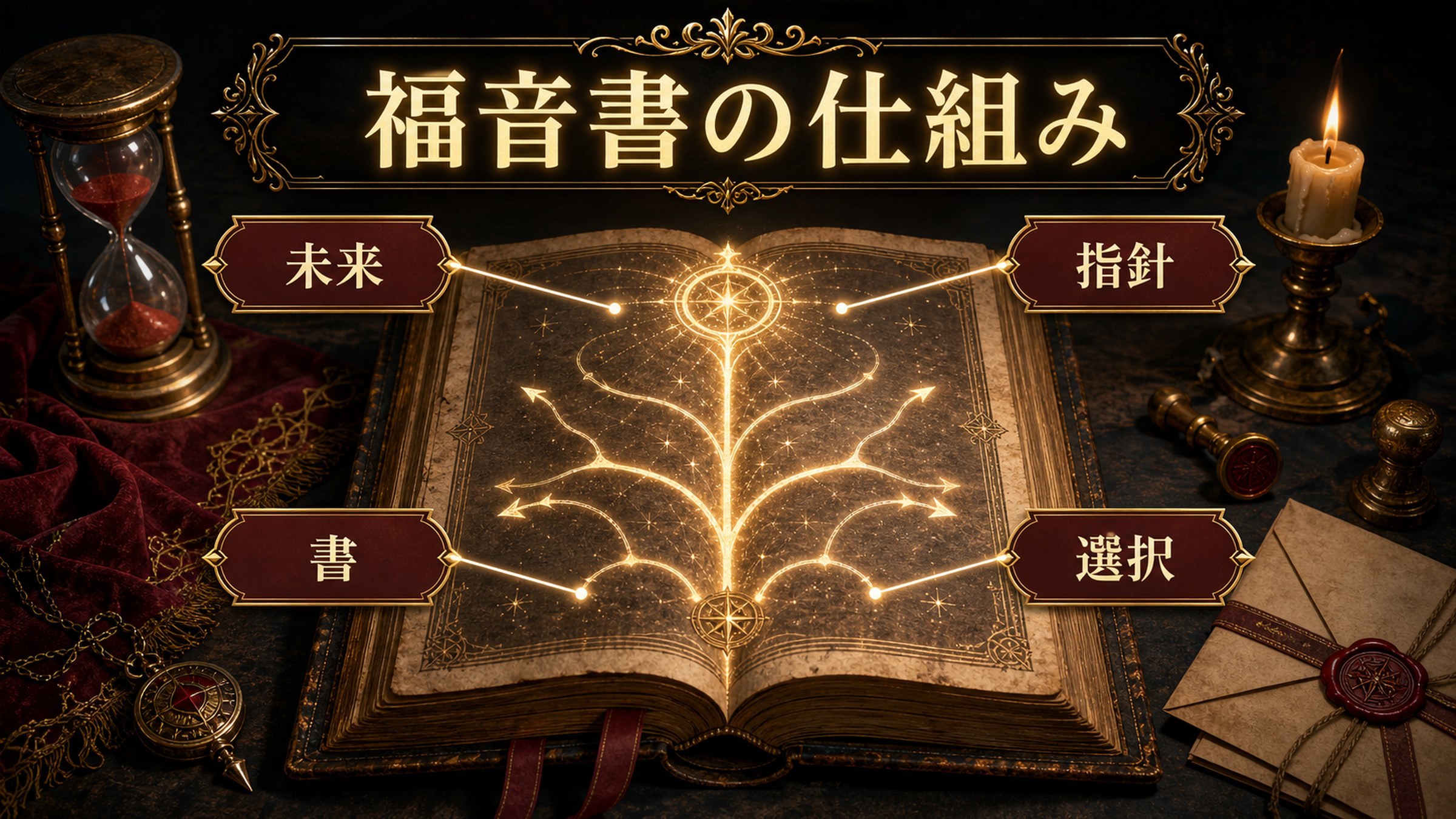 福音書の仕組みを未来、指針、書、選択として整理した図解