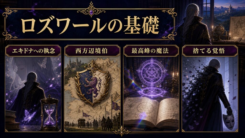 ロズワールの基礎をエキドナへの執念、西方辺境伯、最高峰の魔法、捨てる覚悟として整理した図解
