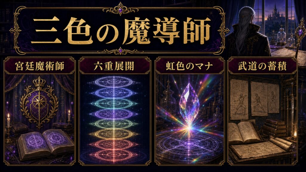 ロズワールの強さを宮廷魔術師、六重展開、虹色のマナ、武道の蓄積として整理した図解