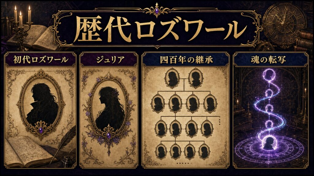 歴代ロズワールを初代ロズワール、ジュリア、四百年の継承、魂の転写として整理した図解