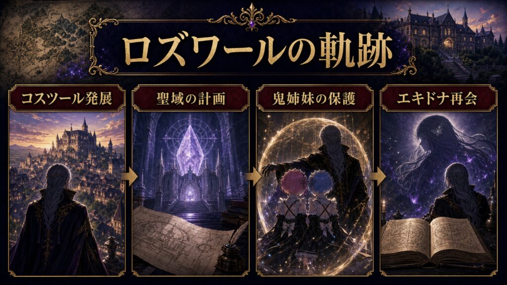 ロズワールの軌跡をコスツール発展、聖域の計画、鬼姉妹の保護、エキドナ再会として整理した図解