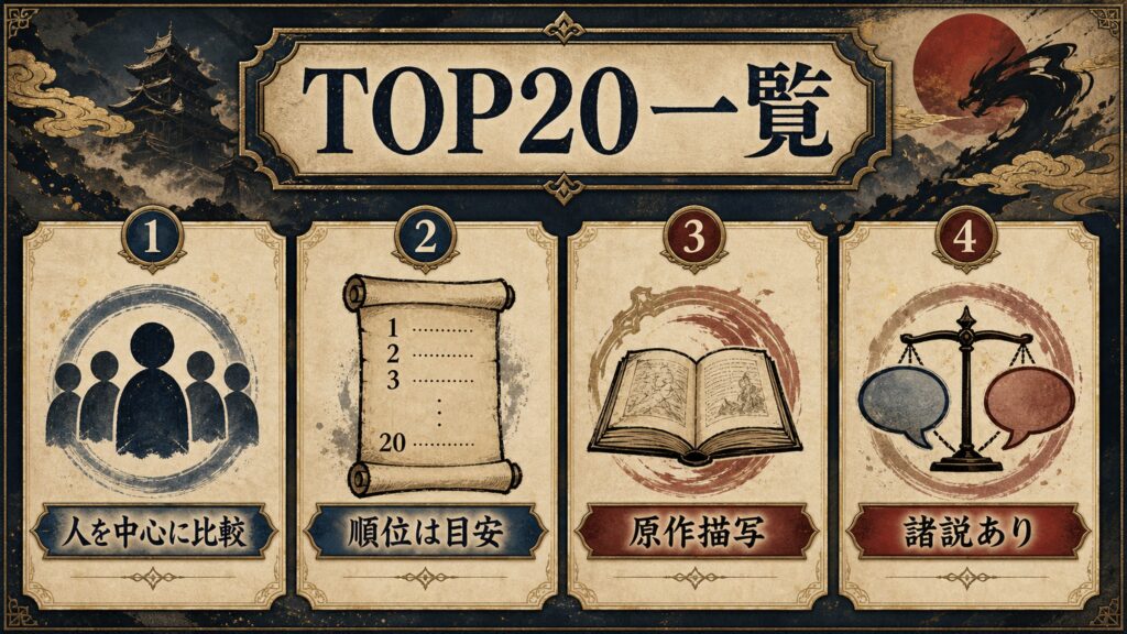 TOP20一覧の読み方を人を中心に比較、順位は目安、原作描写、諸説ありとして整理した図解