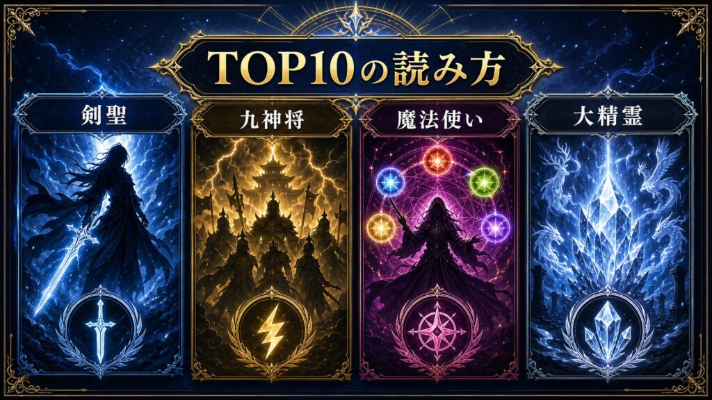 TOP10の読み方を剣聖、九神将、魔法使い、大精霊の役割で整理した図解