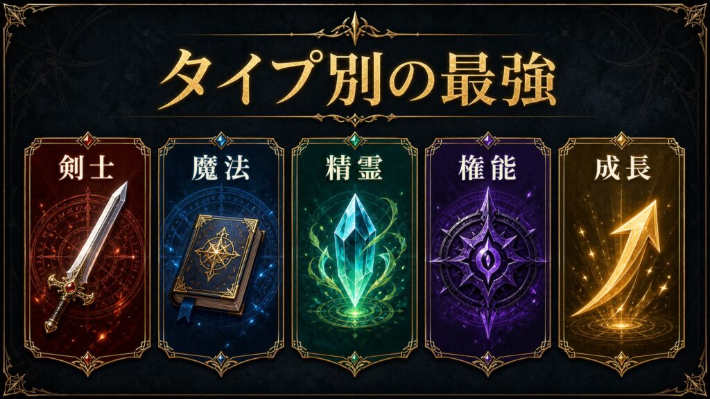 タイプ別の最強を剣士、魔法、精霊、権能、成長で整理した図解