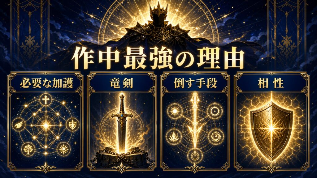 作中最強の理由を必要な加護、竜剣、倒す手段、相性で整理した図解