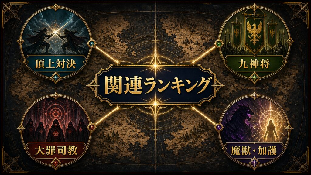 関連ランキングを頂上対決、九神将、大罪司教、魔獣と加護で整理した図解