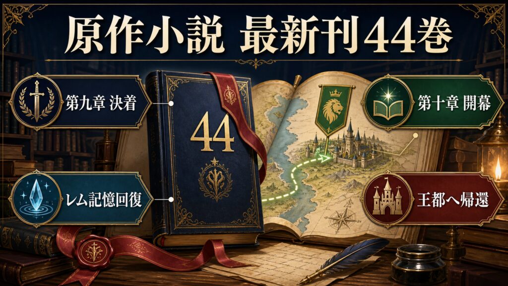 リゼロ原作小説44巻を第九章決着、第十章開幕、レム記憶回復、王都へ帰還として整理した図解
