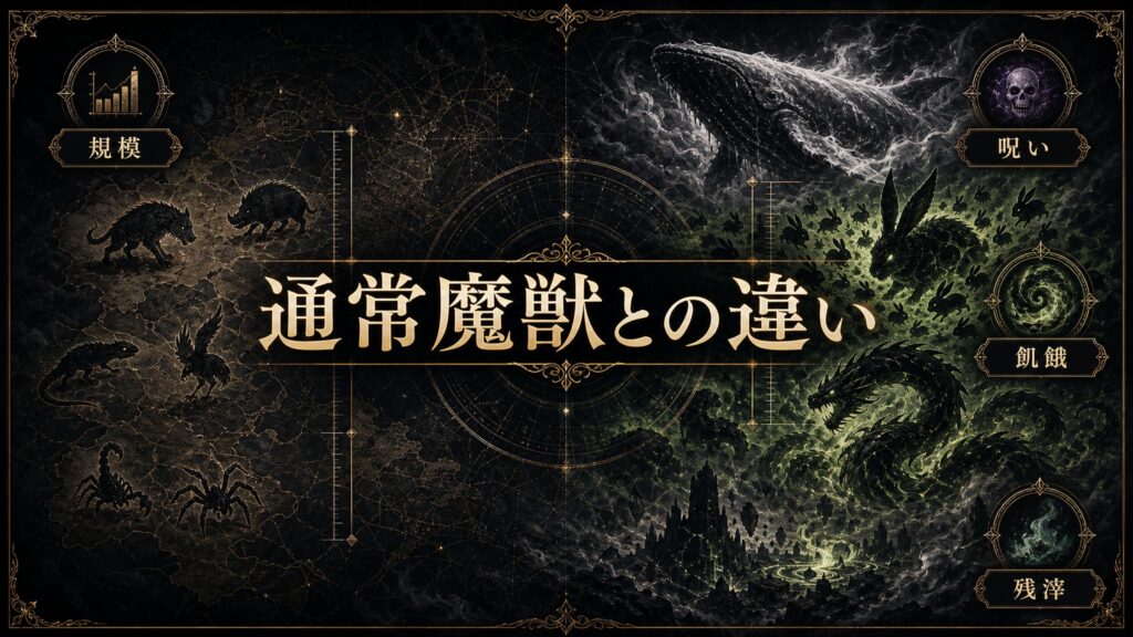 通常魔獣との違いを規模、呪い、飢餓、残滓として整理した図解