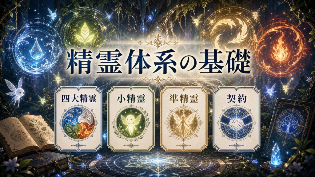 精霊体系の基礎を四大精霊、大精霊、精霊、準精霊、微精霊として整理した図解