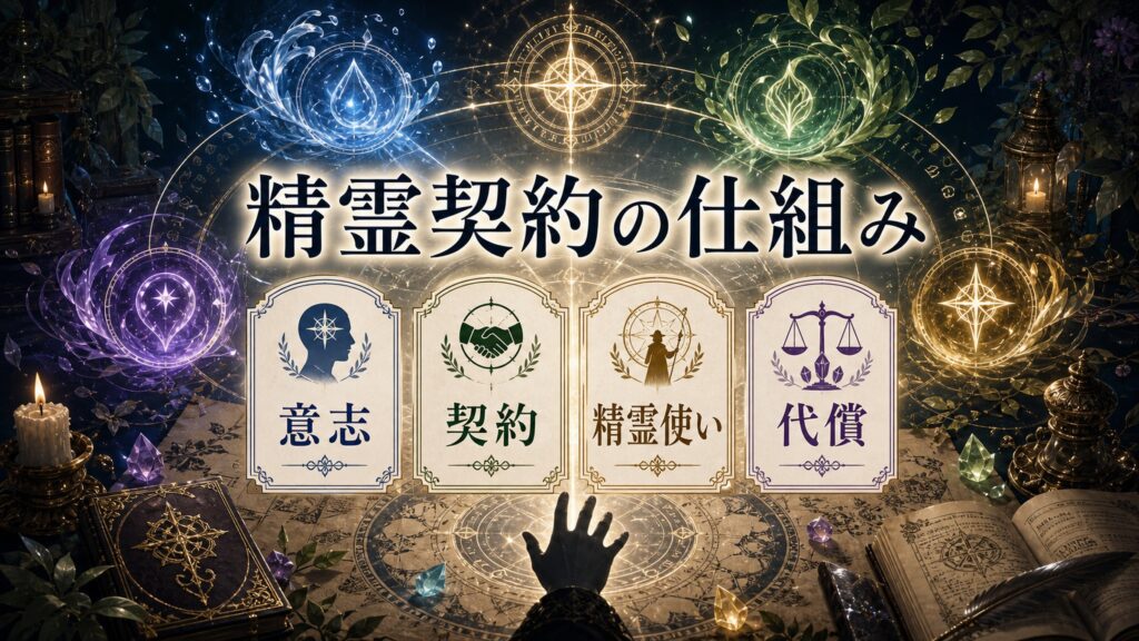 精霊契約の仕組みを意志、契約、精霊使い、代償として整理した図解