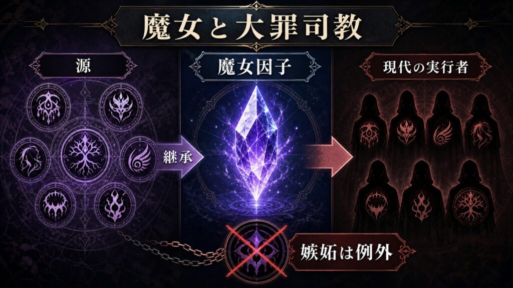魔女と大罪司教の違いを魔女因子、源、継承、現代の実行者、嫉妬は例外として整理した図解