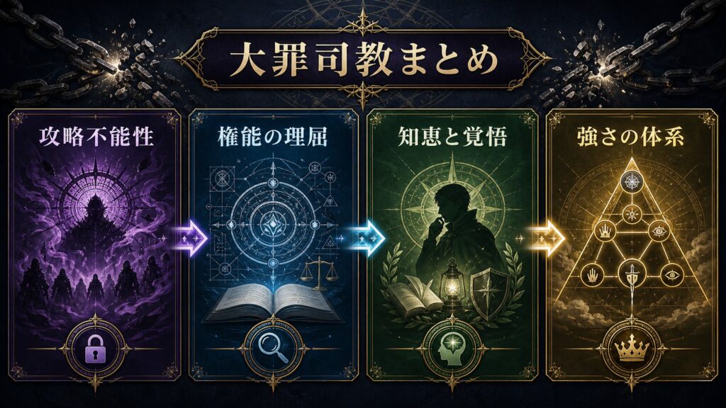 大罪司教まとめを攻略不能性、権能の理屈、知恵と覚悟、強さの体系として整理した図解