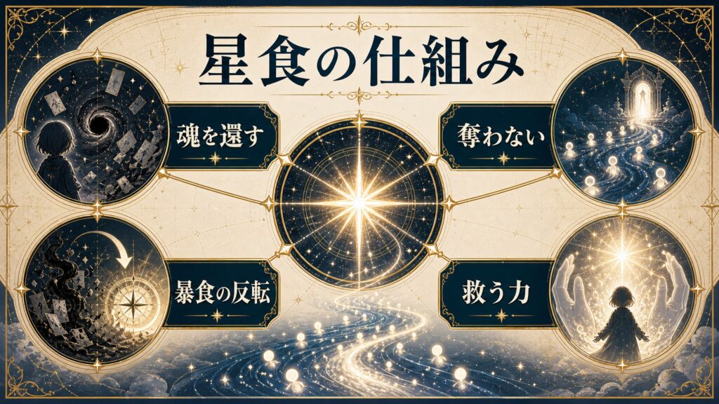 星食の仕組みを魂を還す、奪わない、暴食の反転、救う力で整理した図解