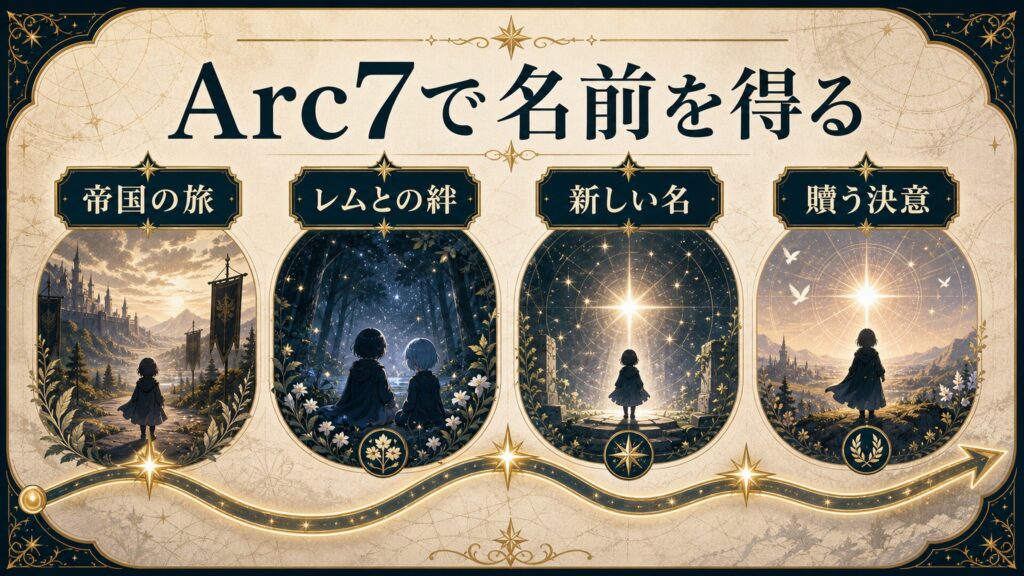 Arc7後半のスピカを帝国の旅、レムとの絆、新しい名、贖う決意で整理した図解