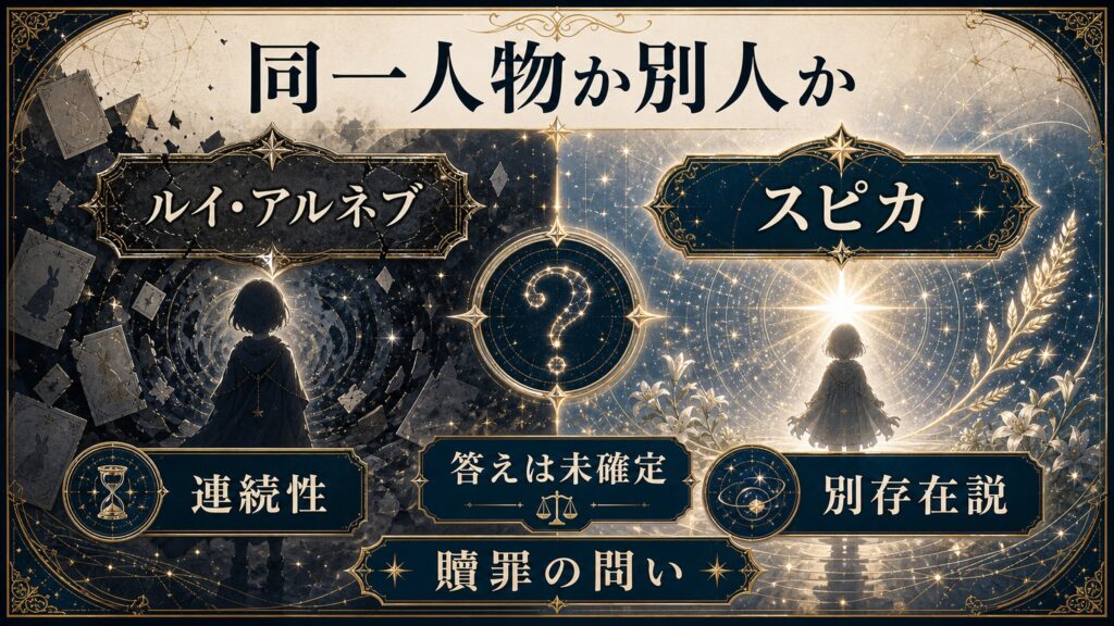 ルイとスピカは同一人物か別人かという問いを連続性、別存在説、答えは未確定、贖罪の問いで整理した図解