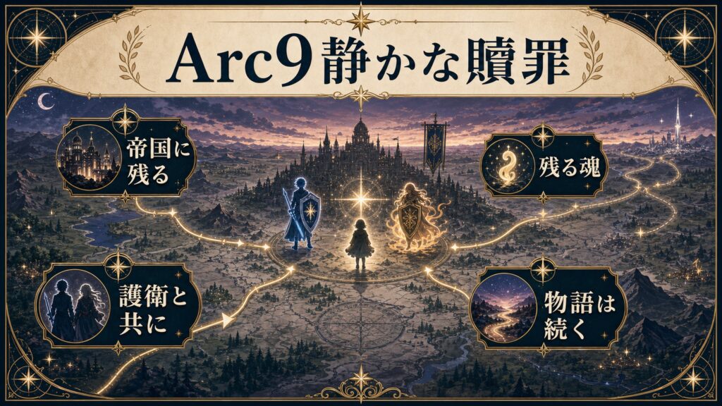 Arc9でのスピカの動向を帝国に残る、残る魂、護衛と共に、物語は続くで整理した図解
