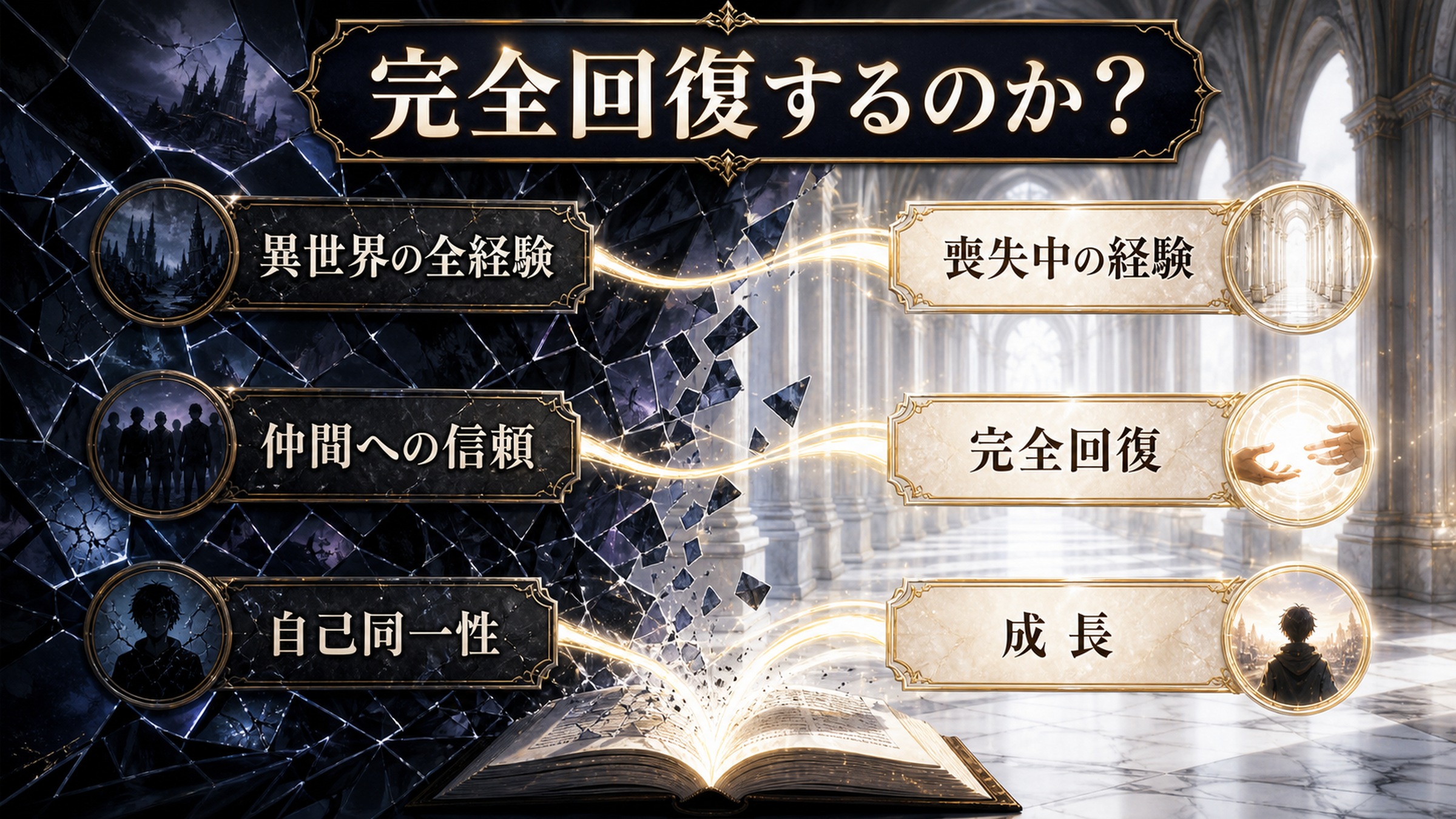 スバルが失った範囲と回復の過程を異世界の全経験、仲間への信頼、自己同一性、喪失中の経験、完全回復、成長として整理した図解