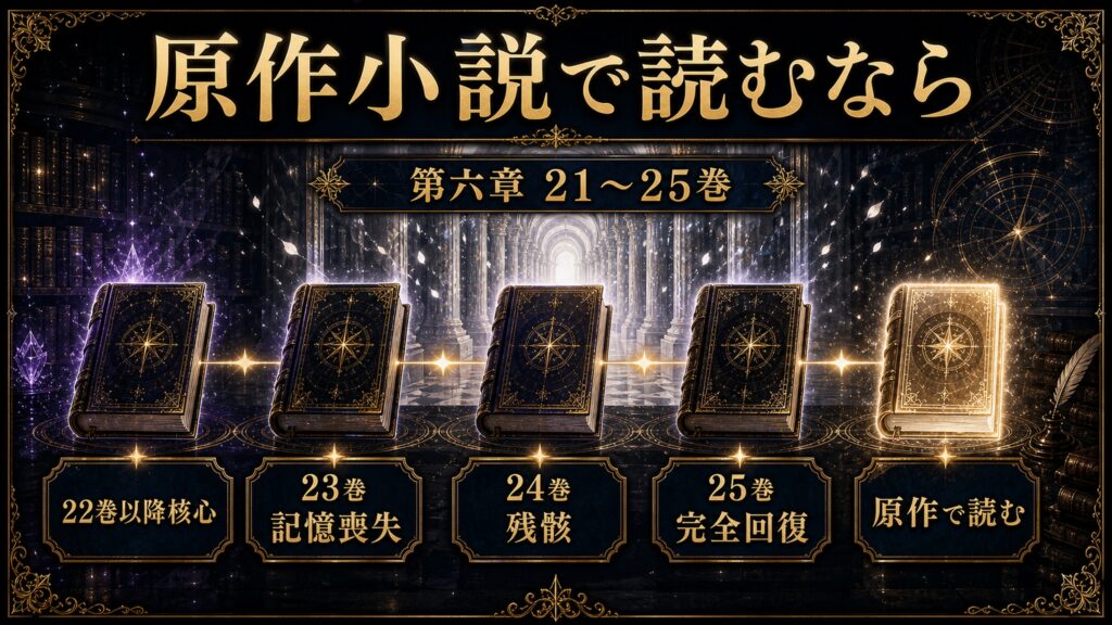 原作小説で読む範囲を第六章21から25巻、22巻以降核心、23巻記憶喪失、24巻残骸、25巻完全回復、原作で読むとして整理した読書ガイド図解