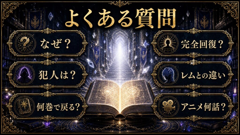 スバル記憶喪失のよくある質問を、なぜ、犯人は、何巻で戻る、完全回復、レムとの違い、アニメ何話として整理した図解