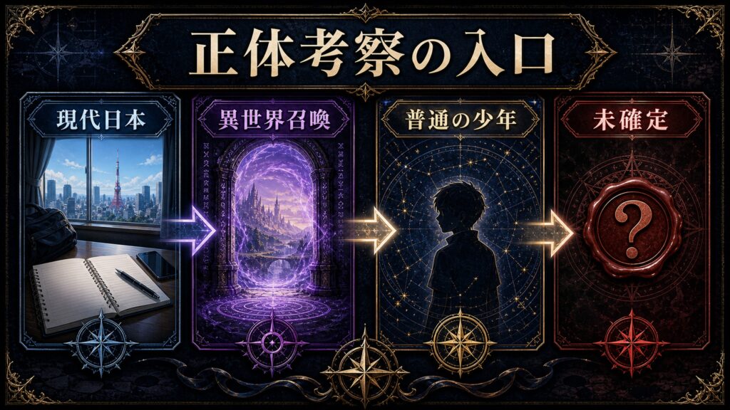 スバルの正体考察の入口を現代日本、異世界召喚、普通の少年、未確定として整理した図解