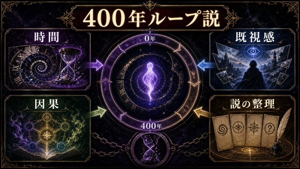 400年ループ説を時間、既視感、因果、説の整理としてまとめた図解