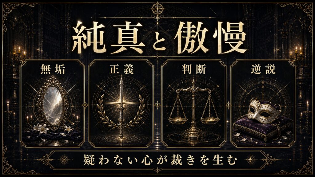 純真と傲慢を無垢、正義、判断、逆説として整理した図解