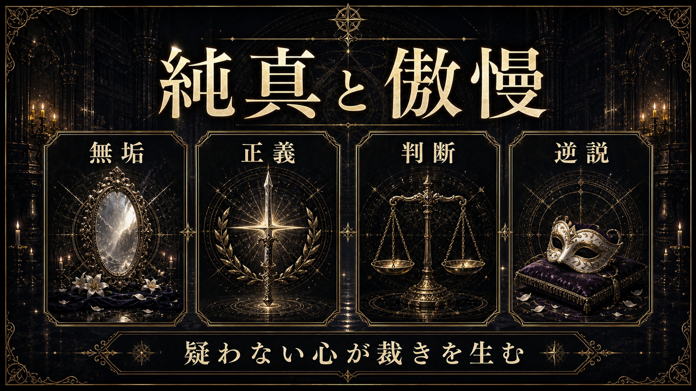 純真と傲慢を無垢、正義、判断、逆説として整理した図解