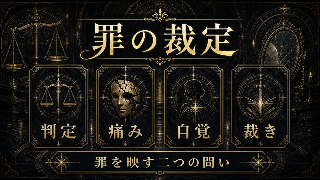 罪の裁定を判定、痛み、自覚、裁きとして整理した図解