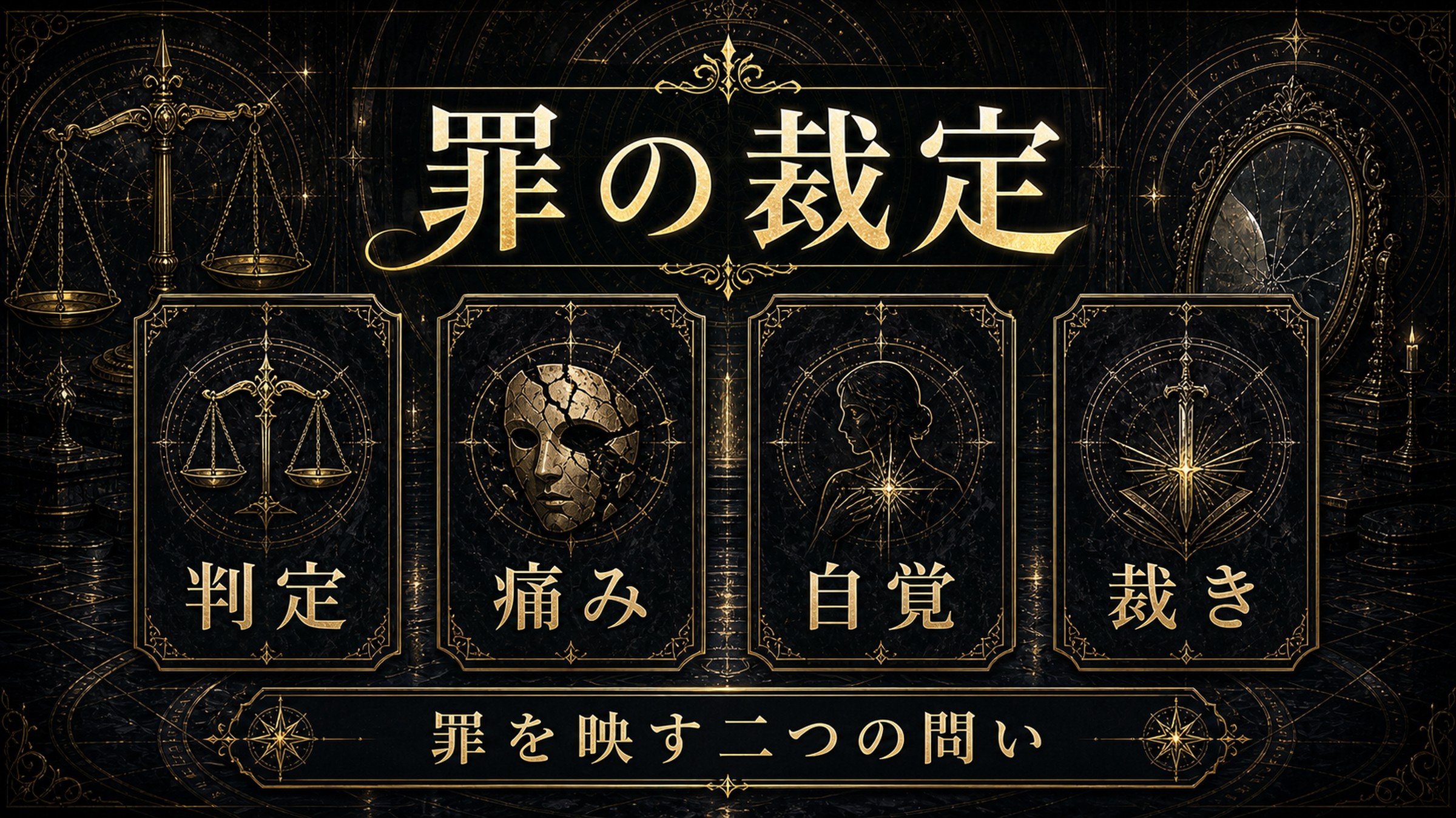 罪の裁定を判定、痛み、自覚、裁きとして整理した図解