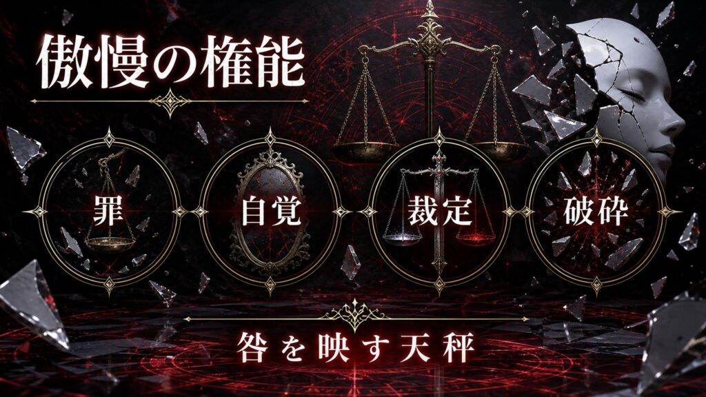 傲慢の権能を罪、自覚、裁定、破砕として整理した図解