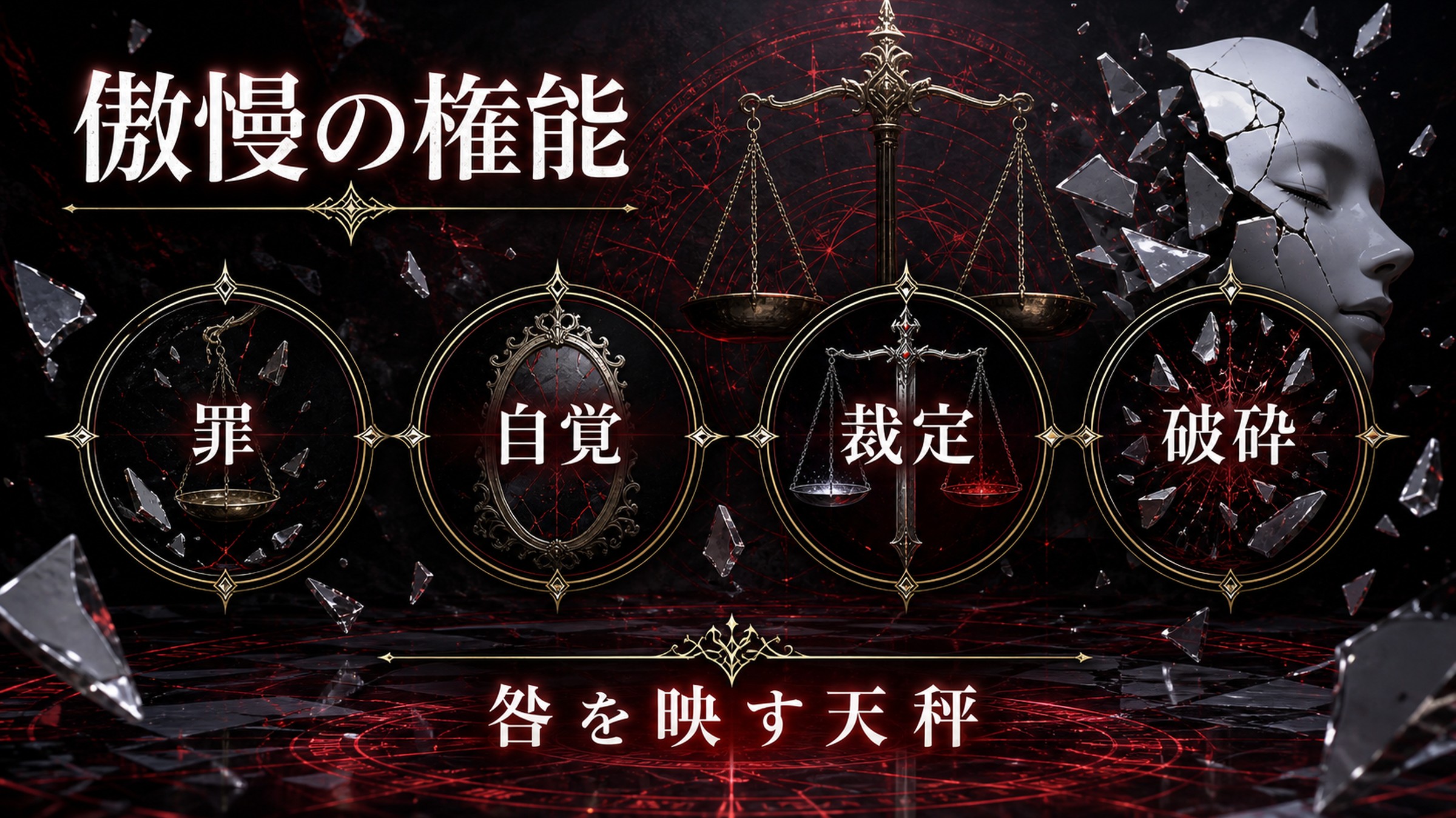 傲慢の権能を罪、自覚、裁定、破砕として整理した図解