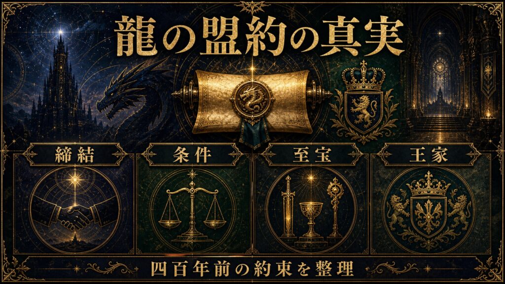 龍の盟約の真実を締結、条件、至宝、王家として整理した図解