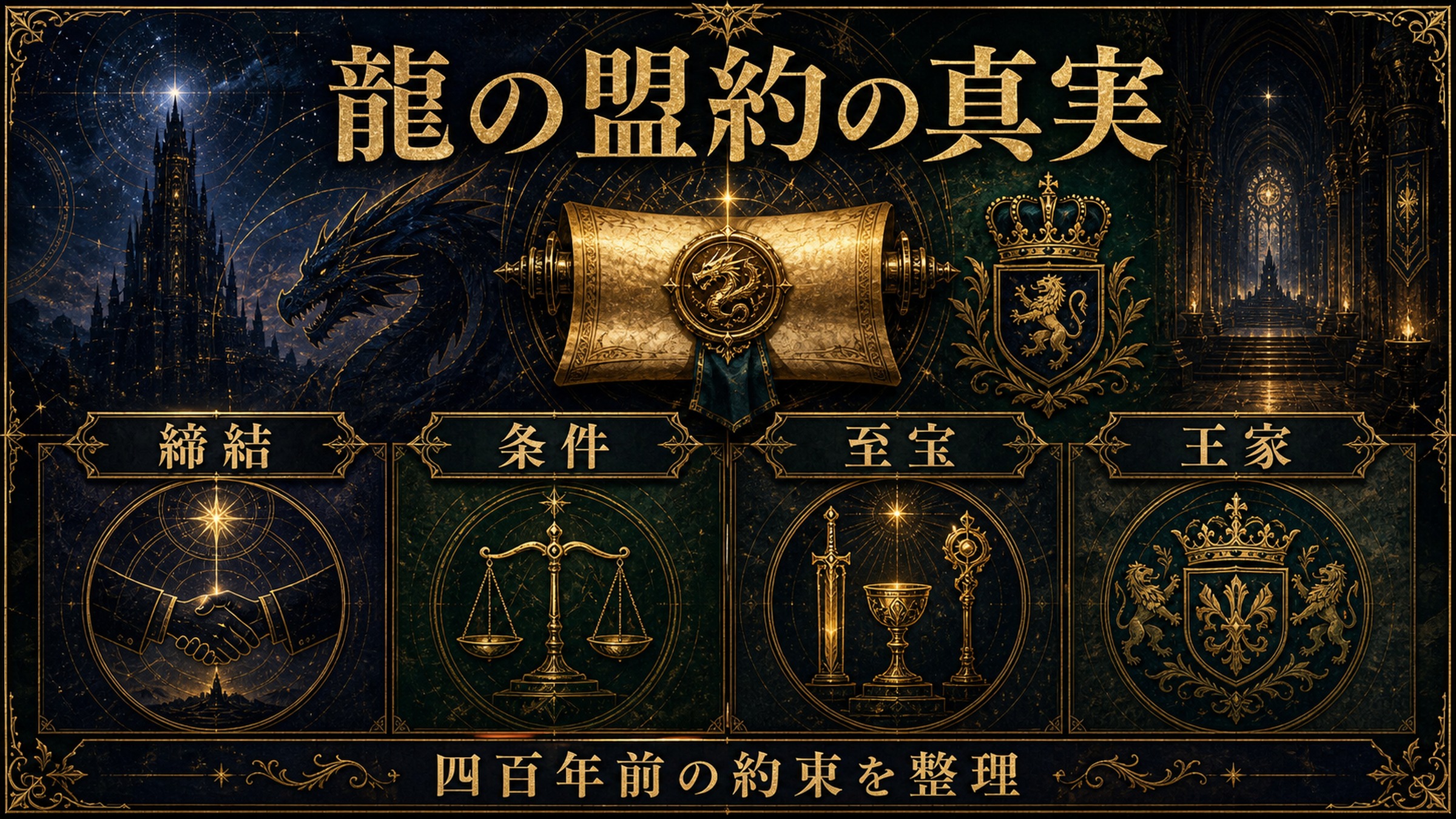 龍の盟約の真実を締結、条件、至宝、王家として整理した図解