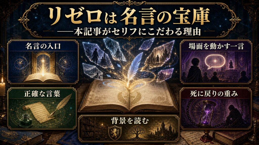リゼロ名言集の読み方を名言の入口、正確な言葉、死に戻りの重み、背景を読む視点で整理した図解