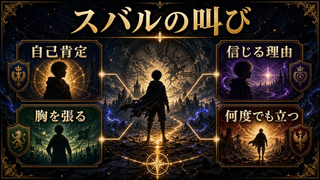 スバルの名言を自己肯定、信じる理由、胸を張る、何度でも立つで整理した図解