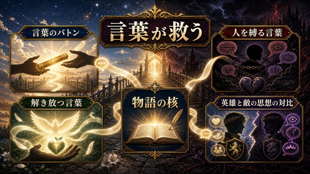 リゼロの言葉のテーマを言葉のバトン、人を縛る言葉、解き放つ言葉、物語の核で整理した図解