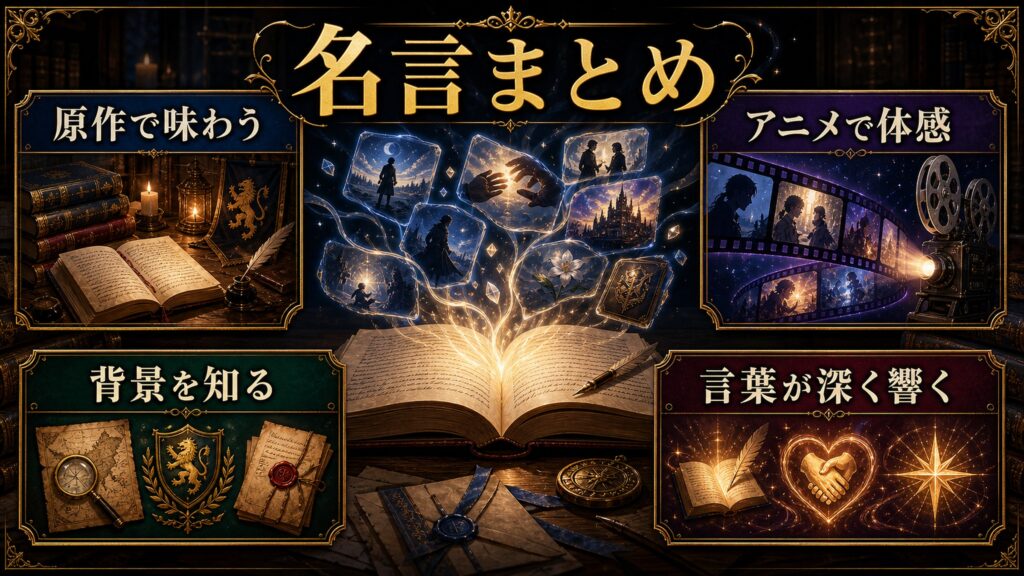名言の楽しみ方を原作で味わう、アニメで体感、背景を知る、言葉が深く響くで整理した図解