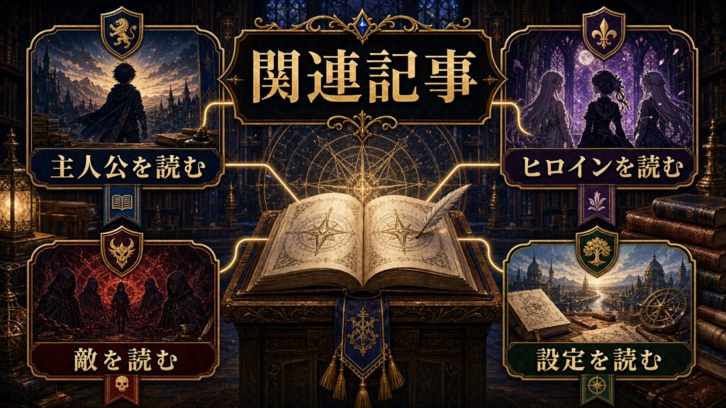 関連記事導線を主人公、ヒロイン、敵、設定へ読み進める流れで整理した図解