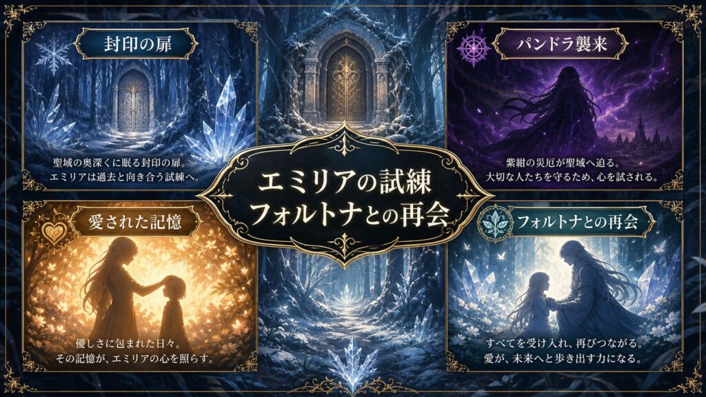 エミリアの試練をフォルトナとの再会、封印の扉、パンドラ襲来、愛された記憶で整理した図解