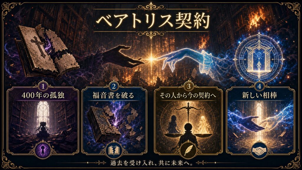 ベアトリス契約を400年の孤独、福音書を破る、その人から今の契約へ、新しい相棒で整理した図解
