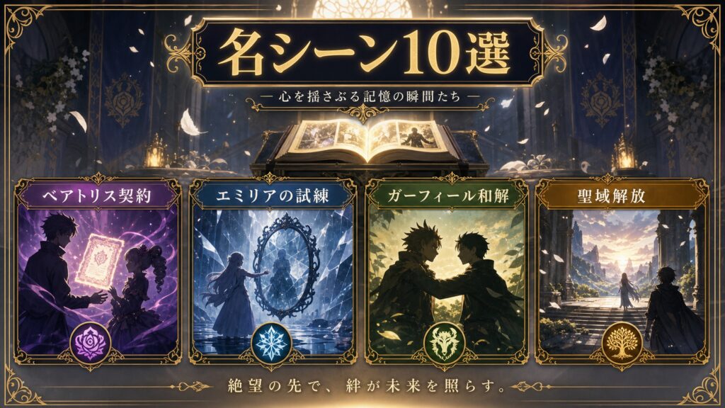 第4章名シーンをベアトリス契約、エミリアの試練、ガーフィール和解、聖域解放で整理した図解
