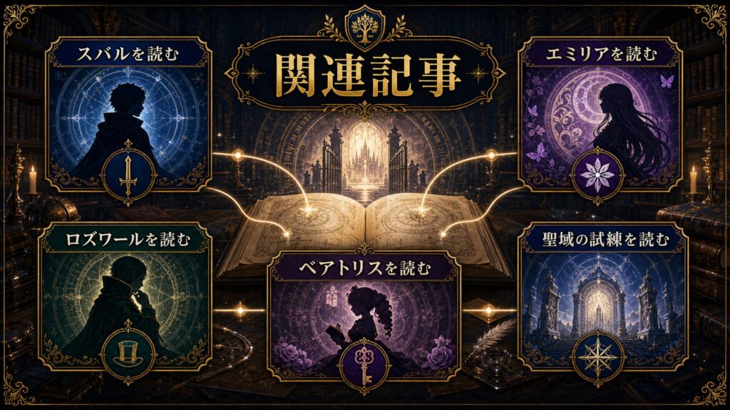 関連記事導線をスバル、エミリア、ロズワール、ベアトリス、聖域の試練で整理した図解