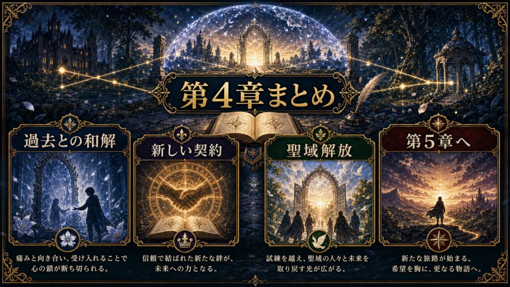 第4章まとめを過去との和解、新しい契約、聖域解放、第5章へで整理した図解